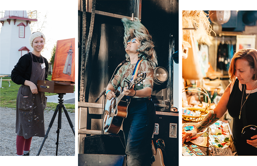 3 picture collage of a girl painting a rangelight, a woman performing at a music festival in Kingsville, and a woman shopping in downtown