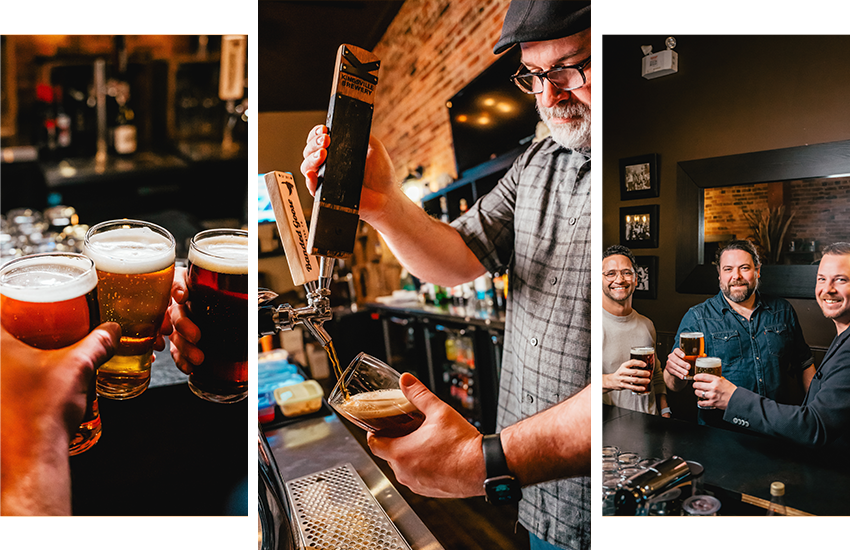 3 picture collage of people cheering beersm a bartender pouring a pint, and 3 men smiling and enjoying local beer