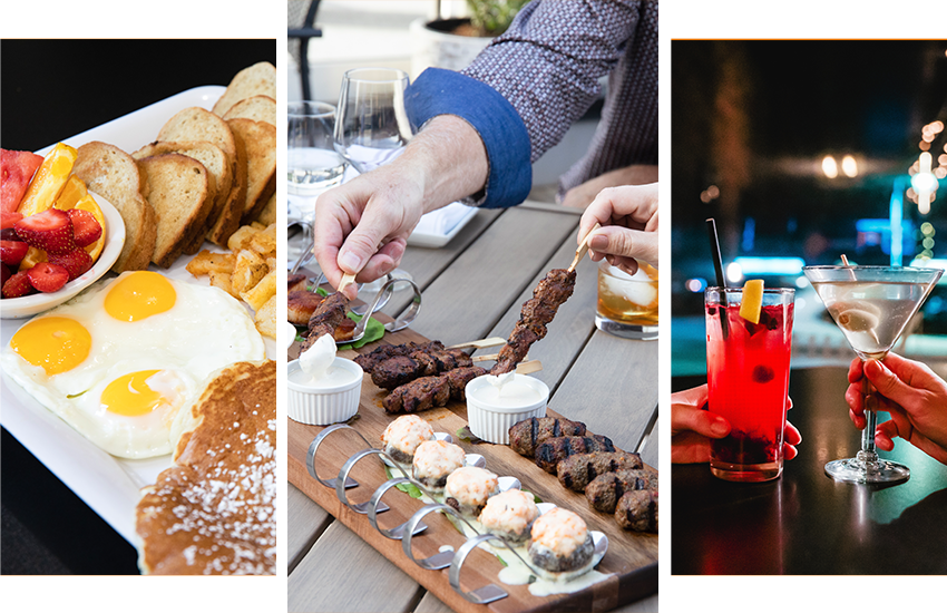 3 picture collage featuring a pancake breakfast, steak kabobs, and mixed drinks at a restaurant