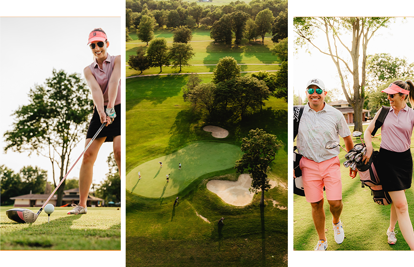 3 picture collage of a woman lining up a golf swing, an overhead view of a golf course in Kingsville, and a couple of golfers walking