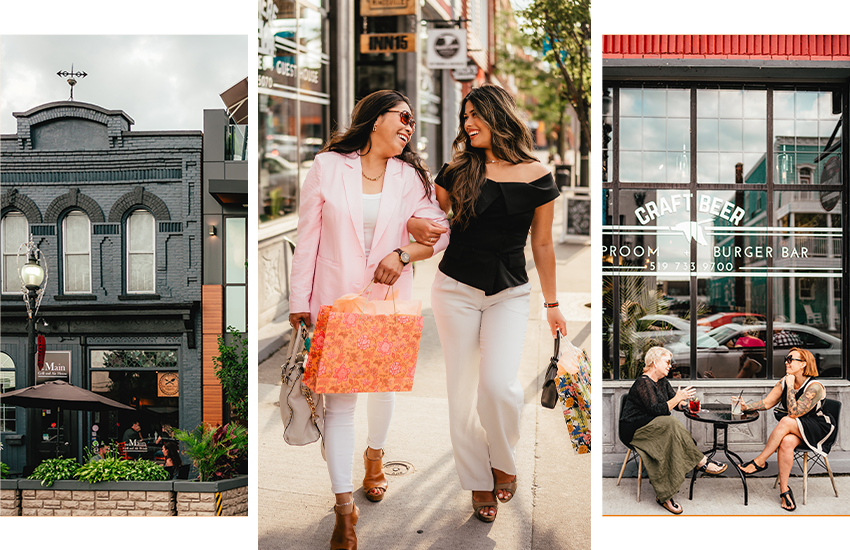 3 picture collage of a building downtown, two women walking together downtown, and two women enjoying a drink downtown