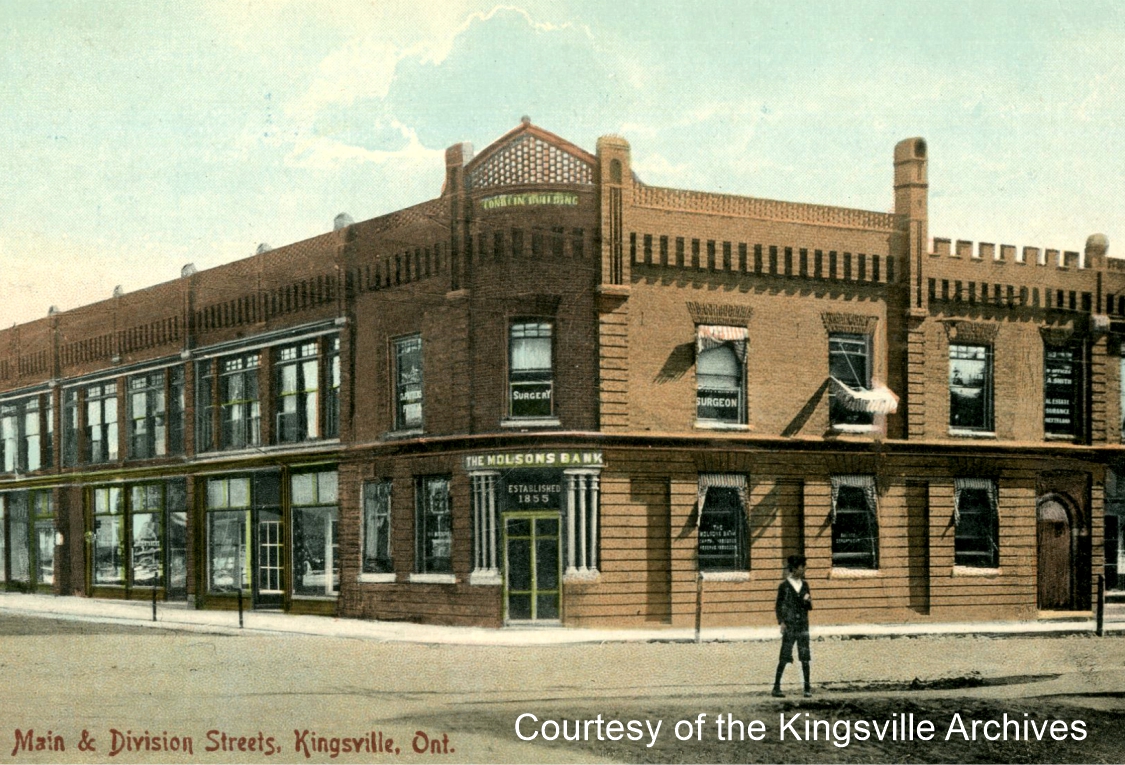 Vintage photo of redbrick commercial space in Kingsville's downtown core.