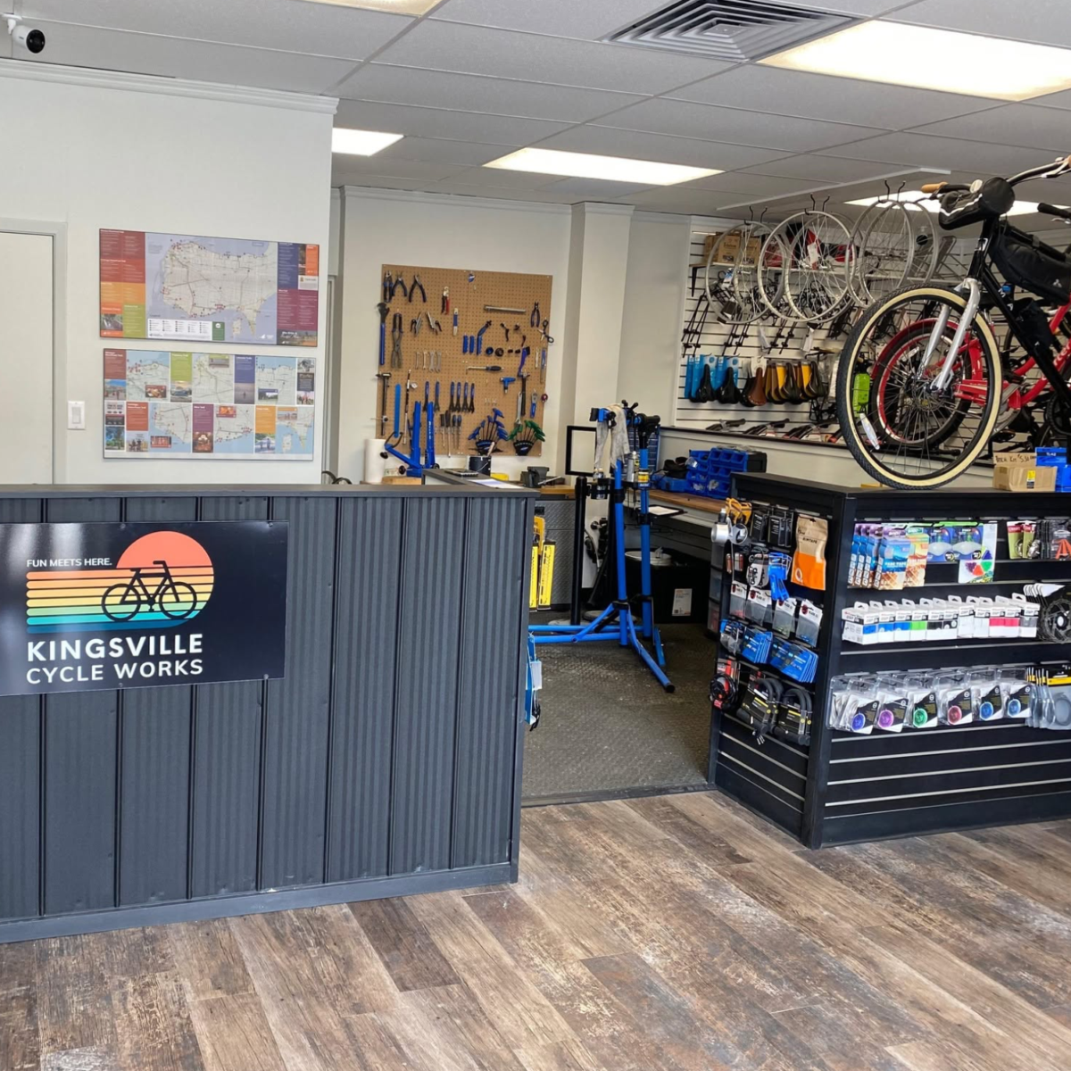 Front desk with bicycles behind the counter