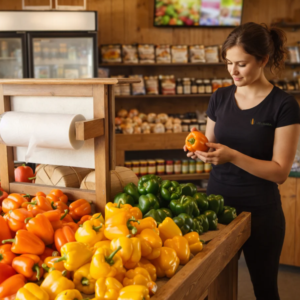 Woman standing looking at a display of green, yellow and orange peppers