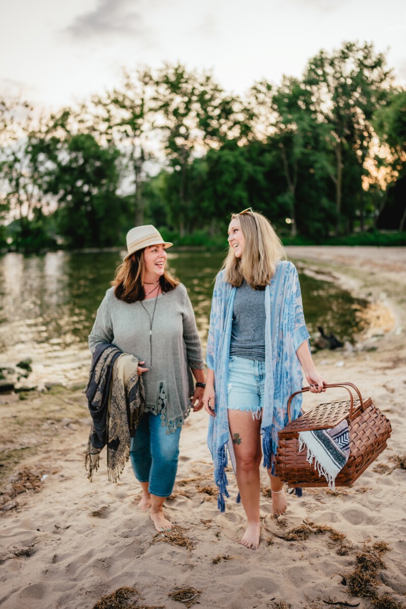 Women walk along the shoreline with picnic baskets
