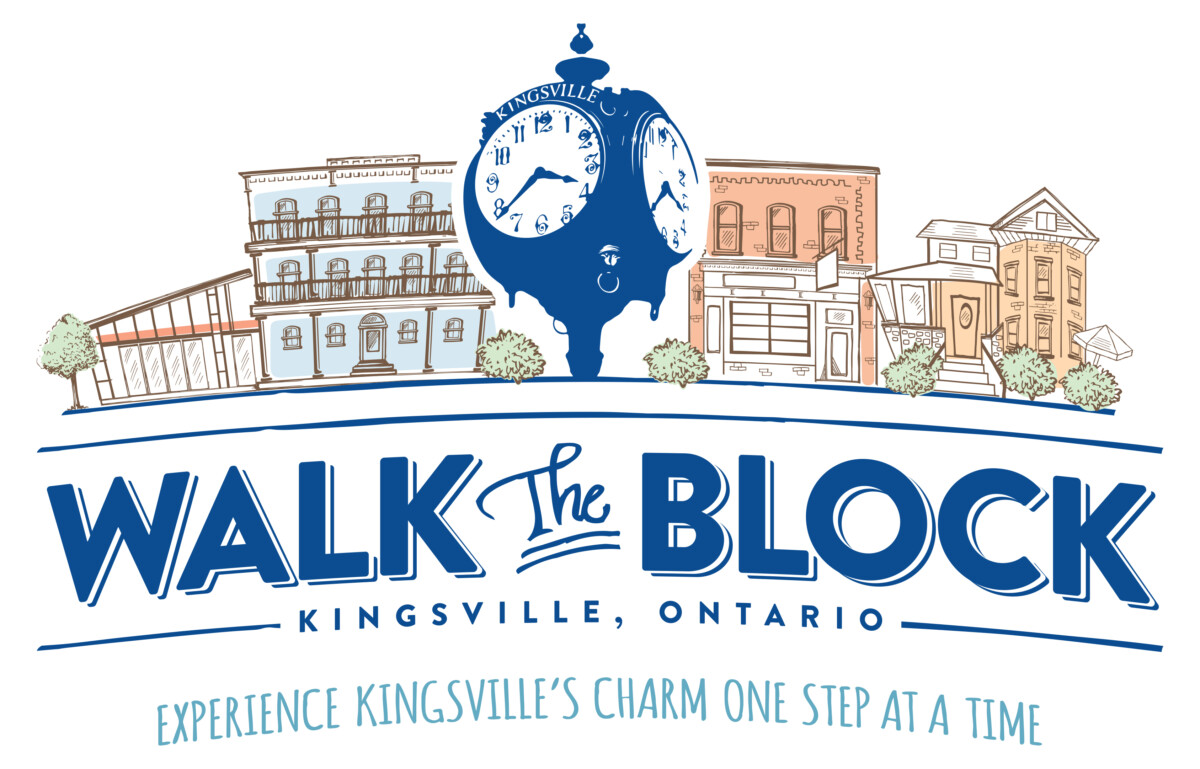 Logo with town streetscape and clock "Walk the Block, Kingsville Ontario, experience kingsville's charm one step at a time"