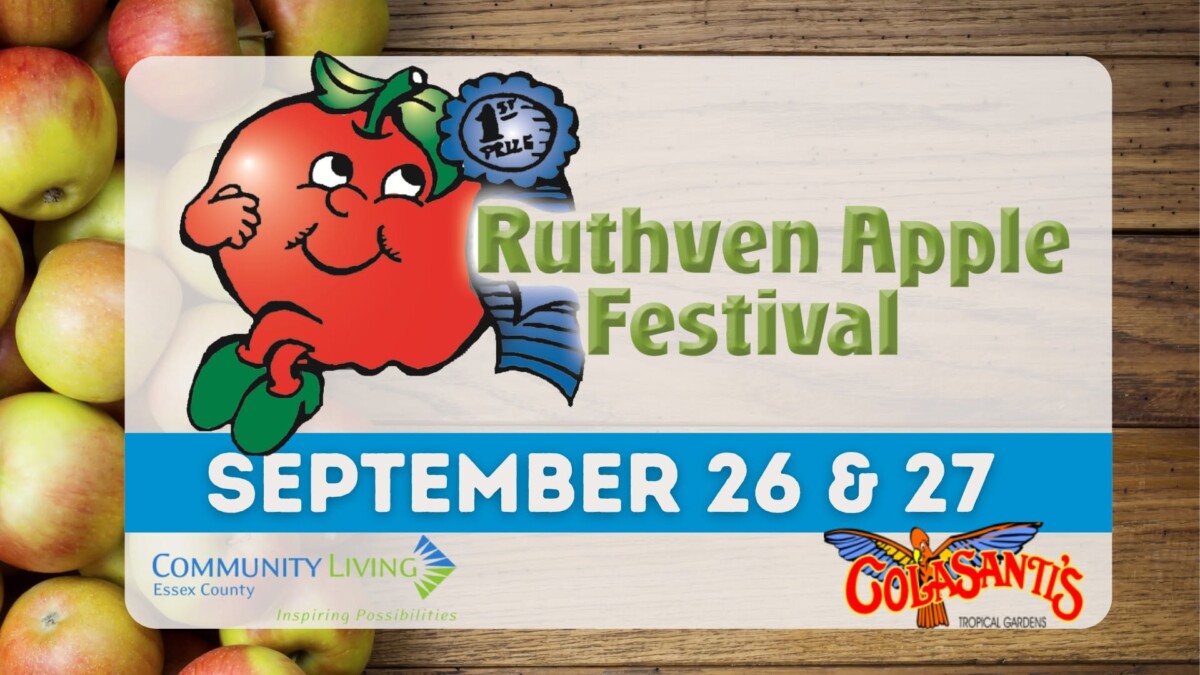 A cartoon apple sitting next to the event title Ruthven Apple Festival.