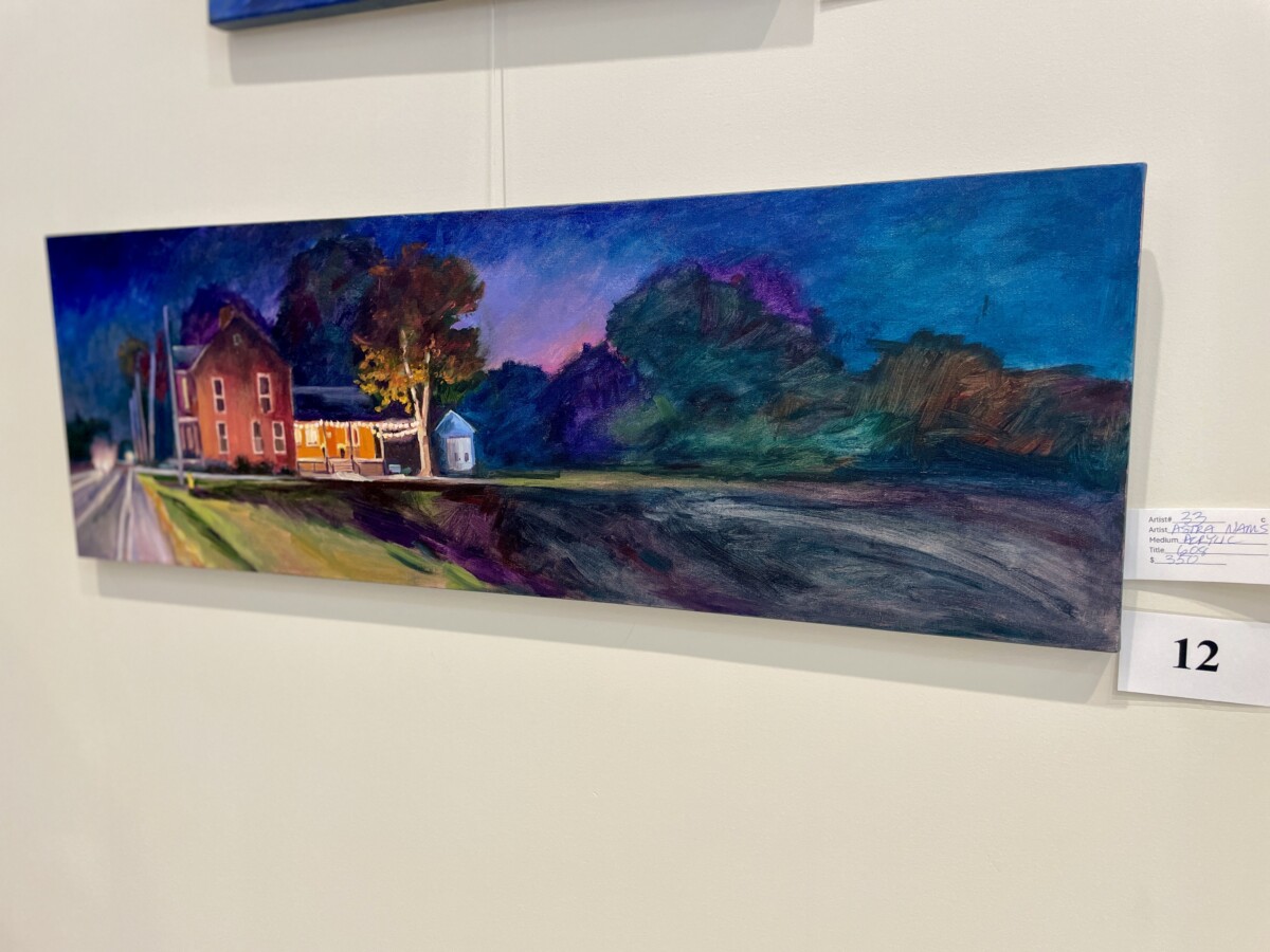 Artwork depicting a farm at dusk