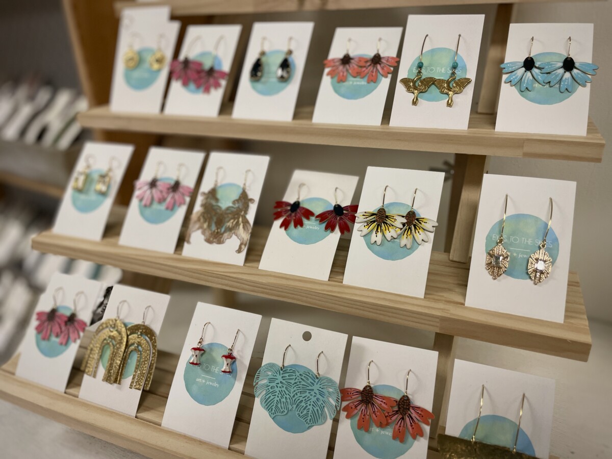 Handmade earrings on display at a local gift store